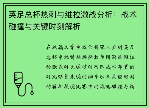 英足总杯热刺与维拉激战分析：战术碰撞与关键时刻解析